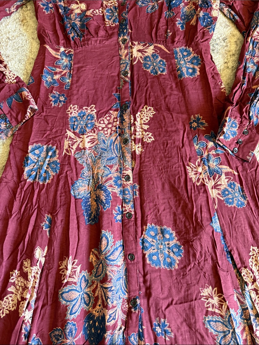 Free People Burgundy Floral Button Front Midi Maxi Dress Size 2 Boho Long Sleeve - Picture 4 of 9